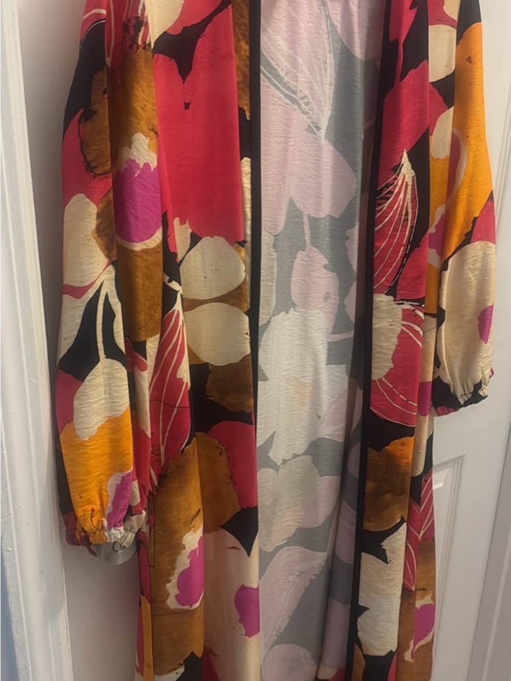 IC COLLECTION Floral Multi-Color Longline Cape Jacket in Pink, Gold & Black
